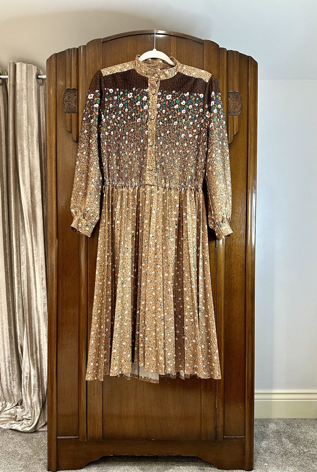 1970s Brown Floral Smocked Prairie Midi Dress — IMG_3959.jpeg