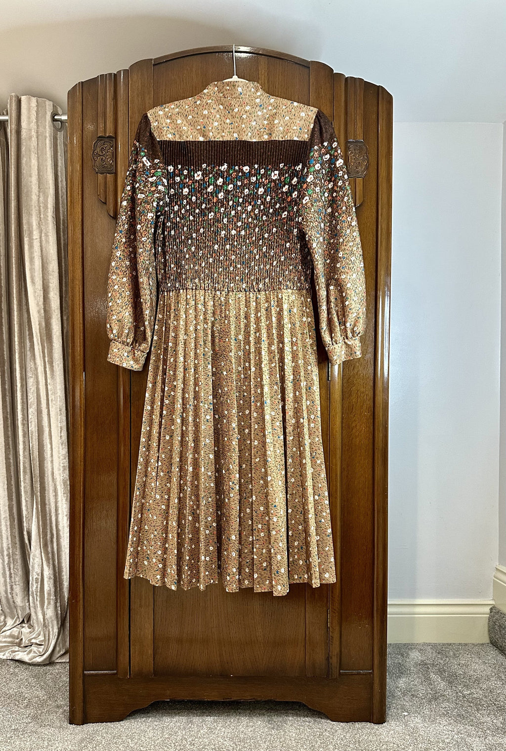 1970s Brown Floral Smocked Prairie Midi Dress — IMG_3961.jpeg