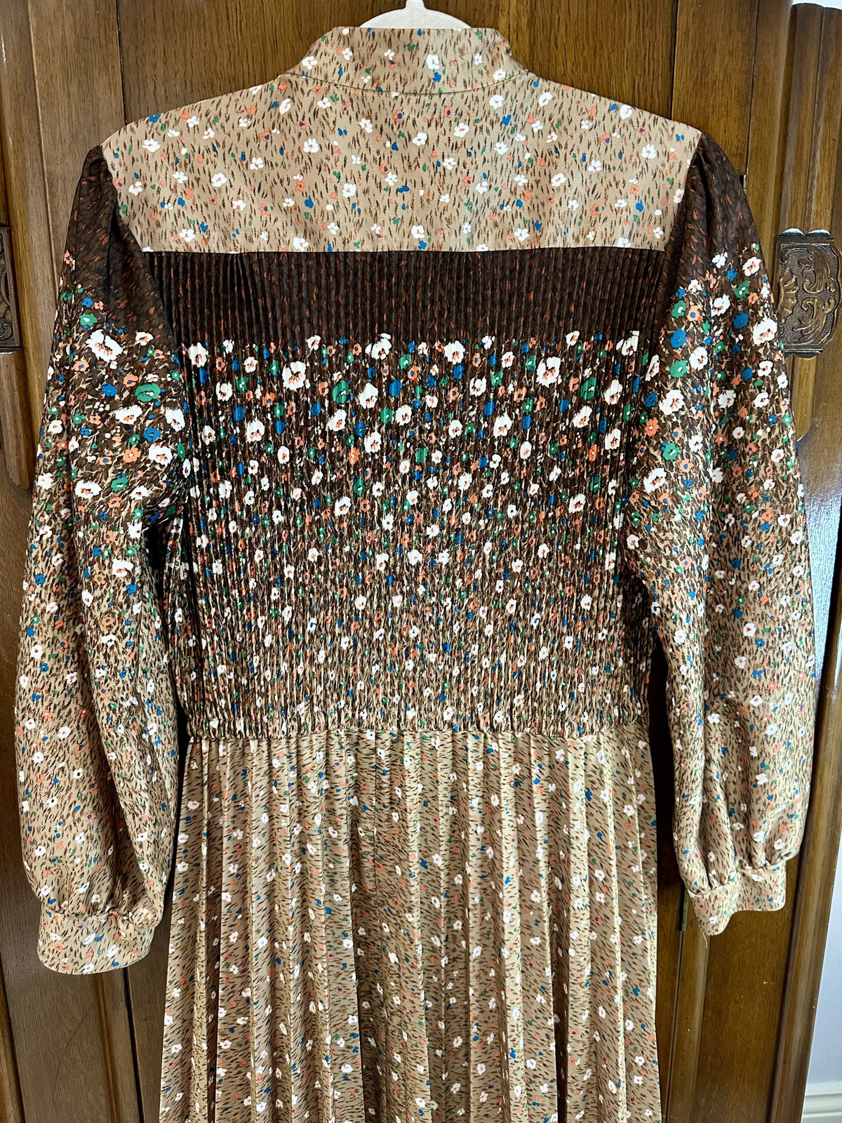 1970s Brown Floral Smocked Prairie Midi Dress — IMG_3962.jpeg