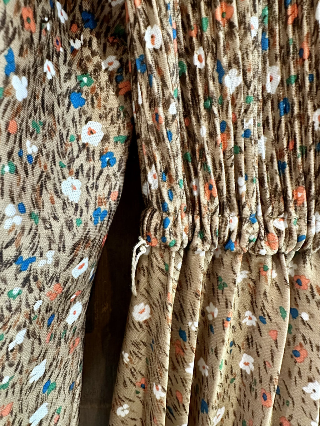 1970s Brown Floral Smocked Prairie Midi Dress — IMG_3964.jpeg