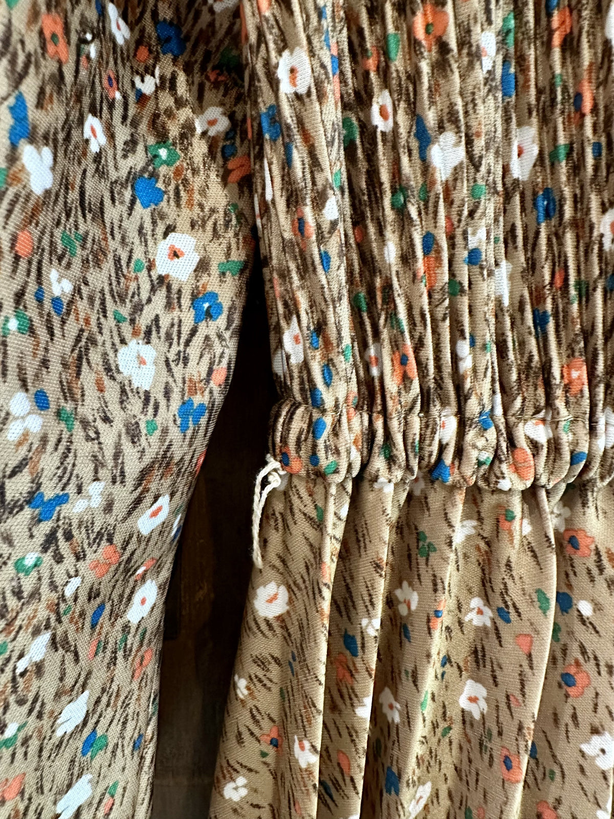 1970s Brown Floral Smocked Prairie Midi Dress — IMG_3964.jpeg