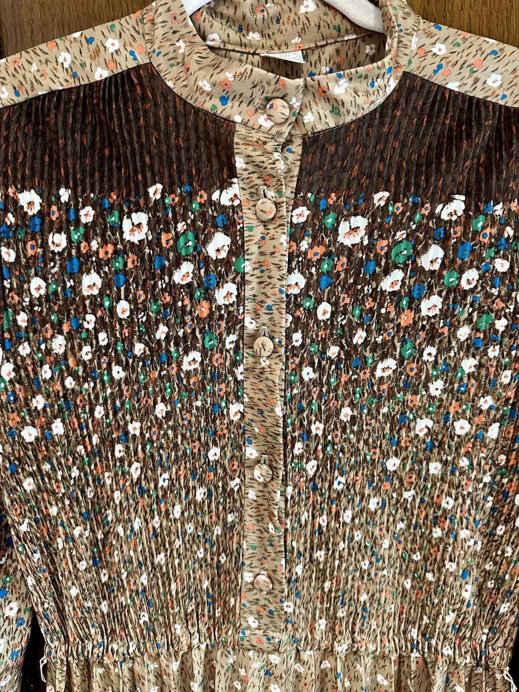 1970s Brown Floral Smocked Prairie Midi Dress — IMG_3965.jpeg