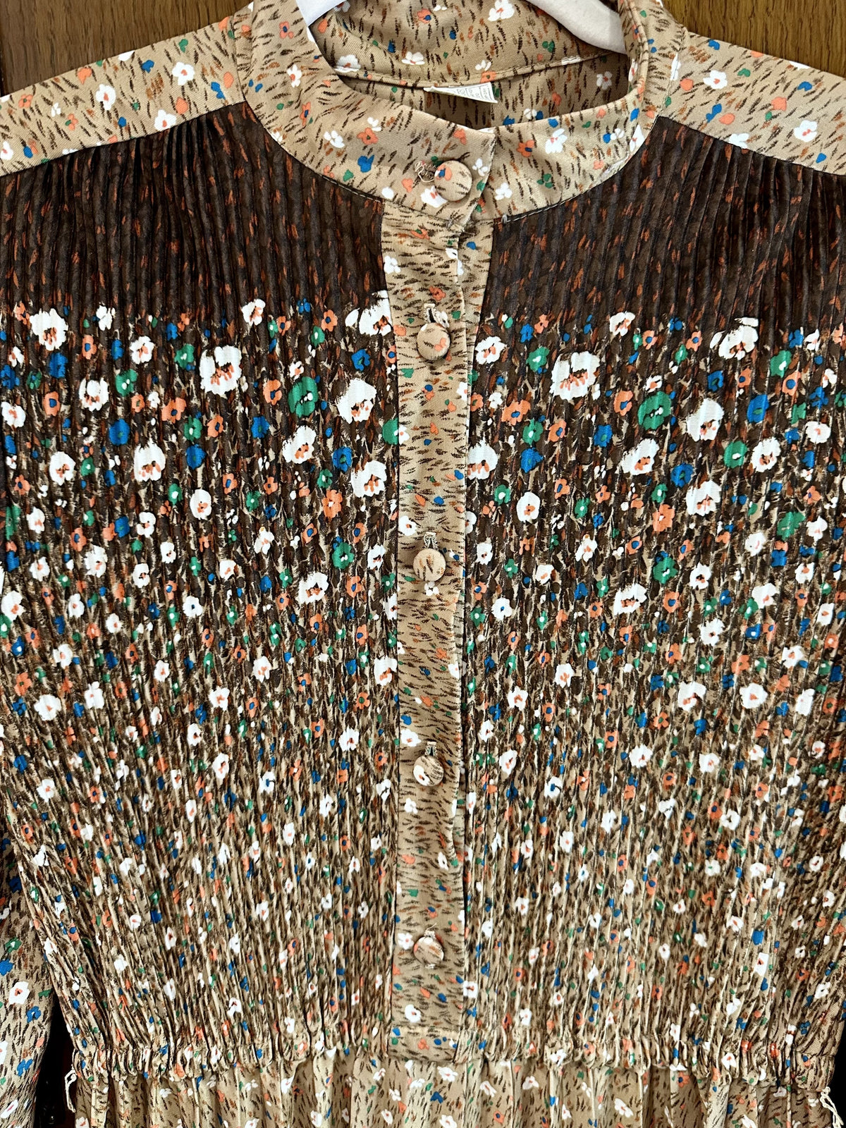 1970s Brown Floral Smocked Prairie Midi Dress — IMG_3965.jpeg