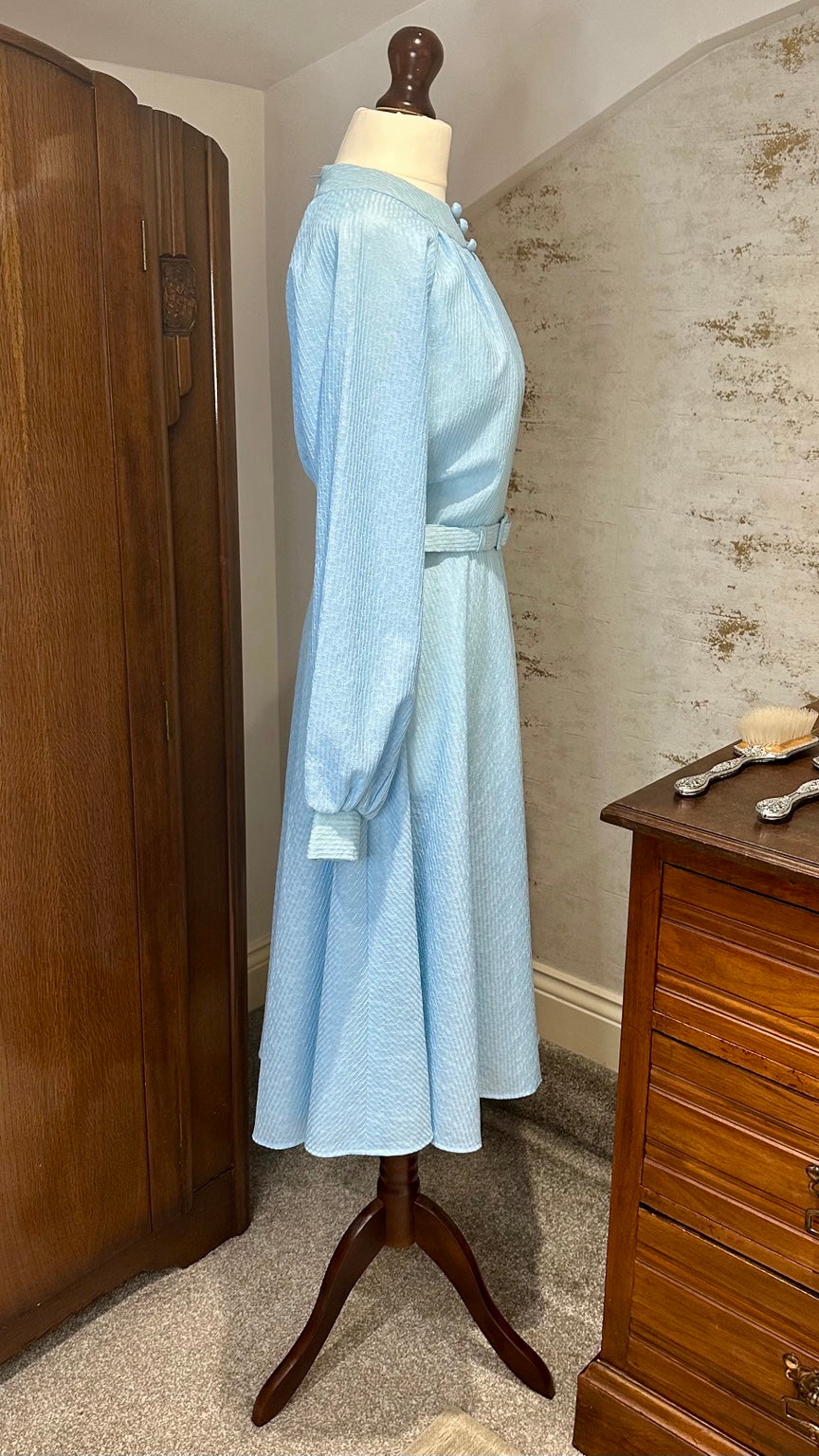 1970s powder blue belted midi dress A70 side view