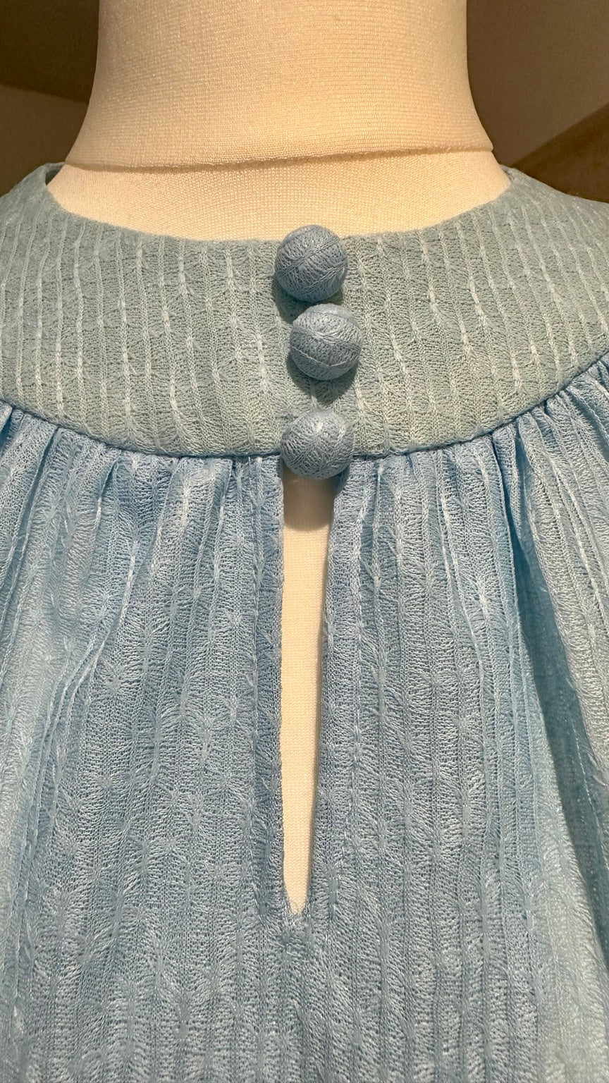 1970s powder blue belted midi dress A70 neckline detail