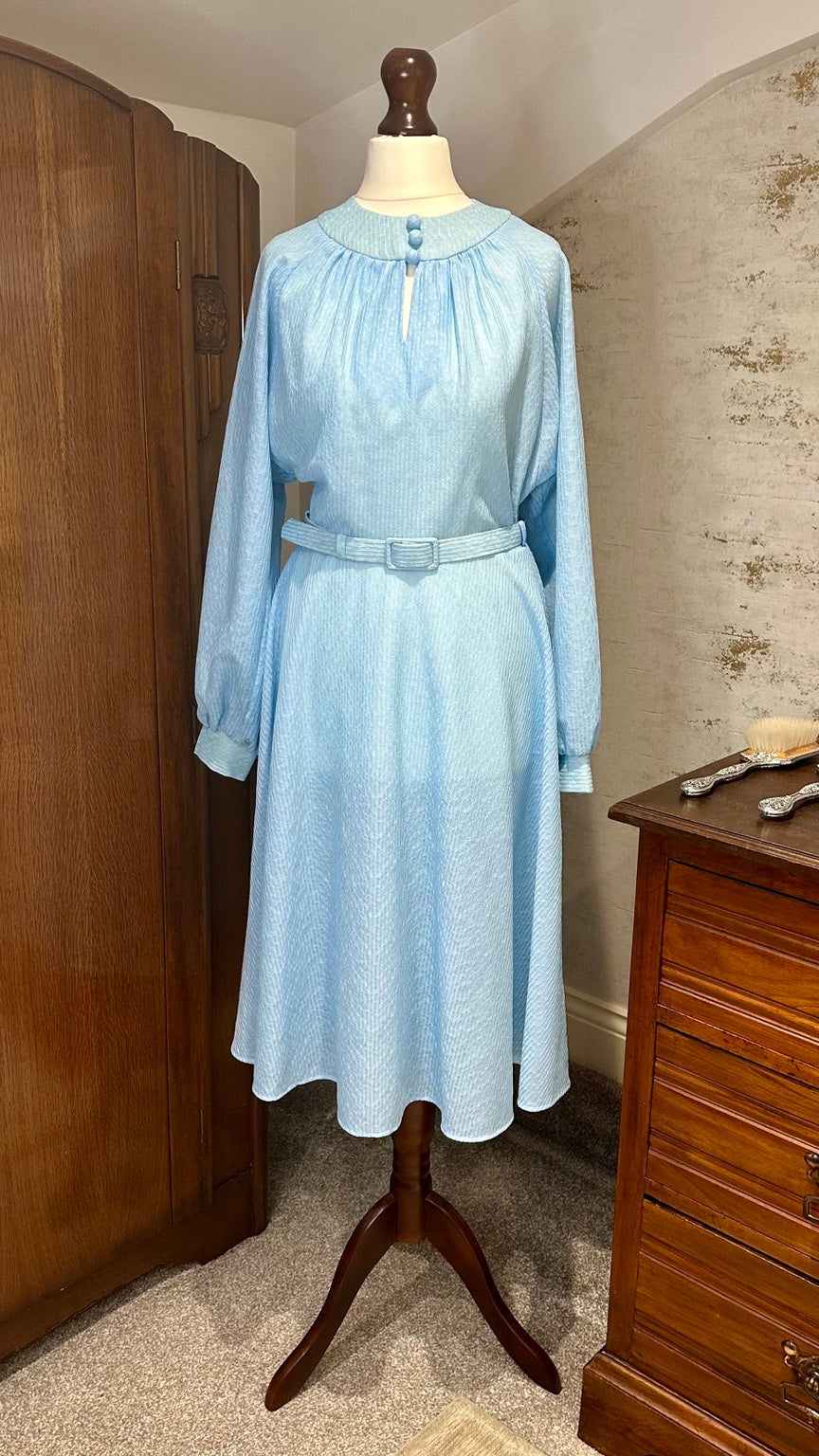 1970s powder blue midi dress with matching belt