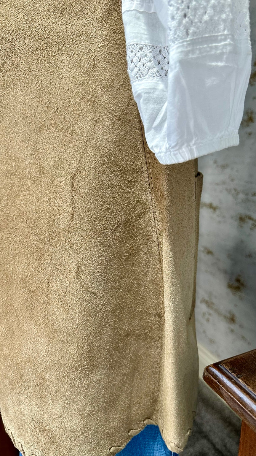 A96 tan suede waistcoat — side suede wear detail