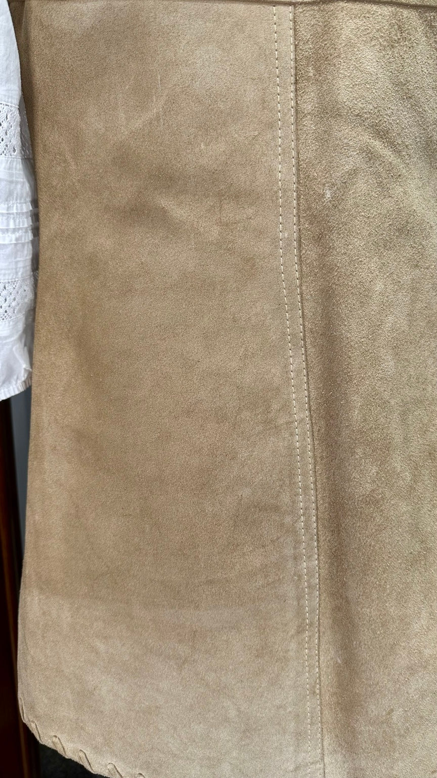 A96 tan suede waistcoat — lower back water mark detail