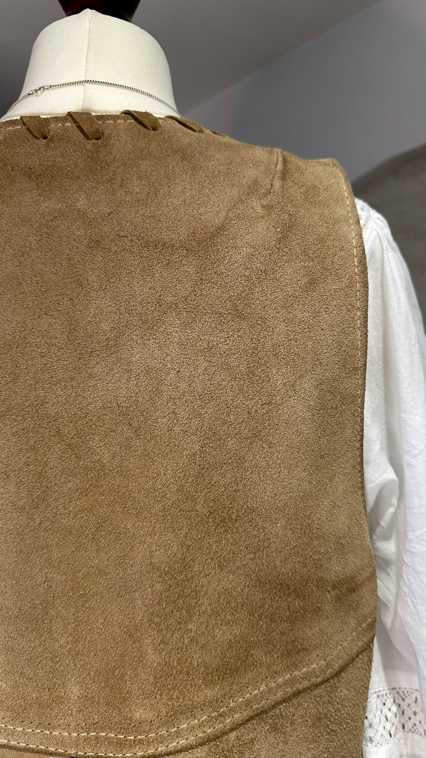A96 tan suede waistcoat — upper back suede detail