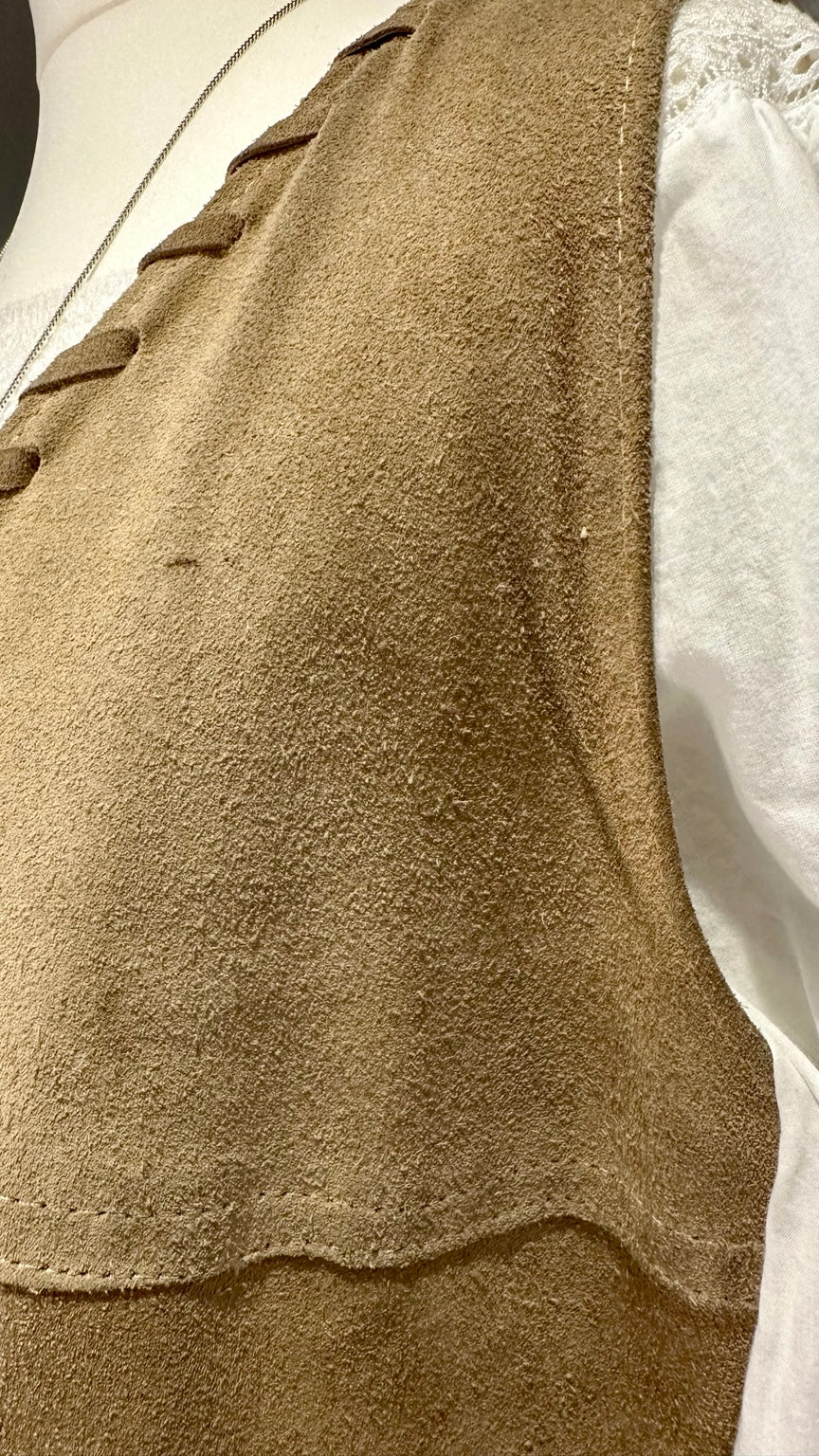 A96 tan suede waistcoat — front suede and laced edge detail