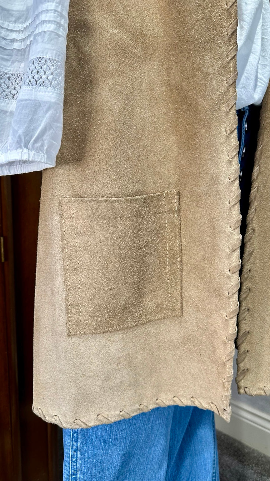 A96 tan suede waistcoat — patch pocket and hem detail