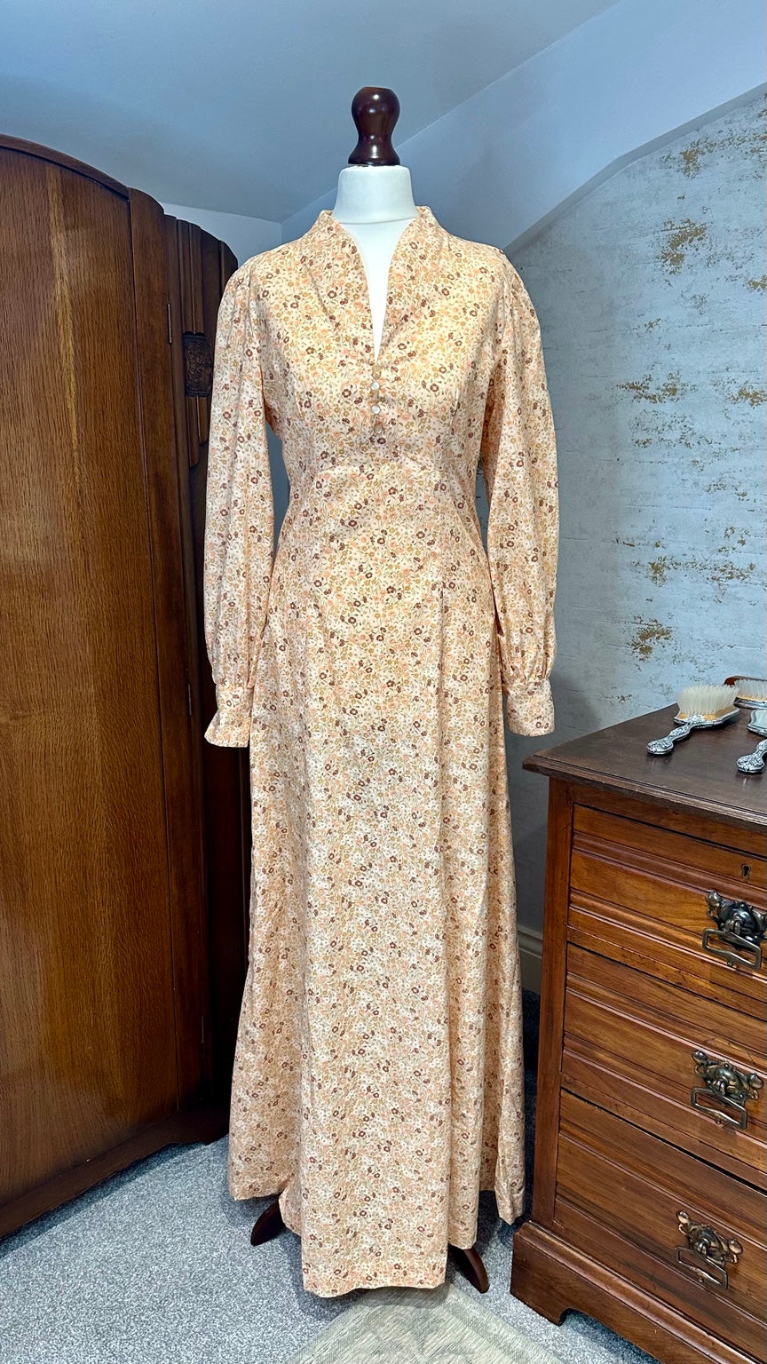 Handmade mid-1970s peach floral maxi dress, front view