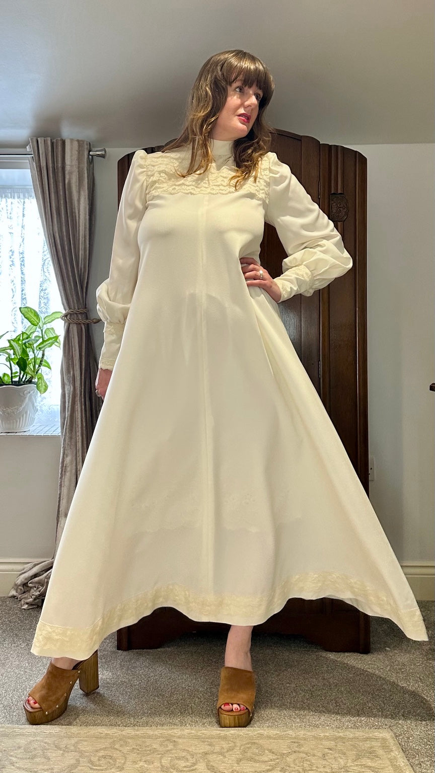1970s Ivory Lace Yoke Maxi Dress with Covered Buttons — front or styled view