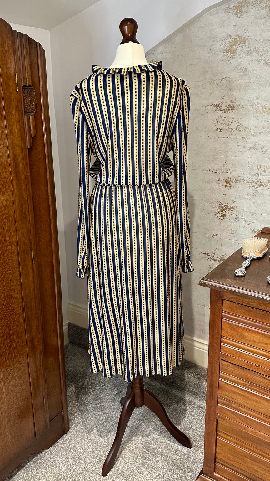 Vintage Shurette Navy and Cream Stripe Midi Dress — back