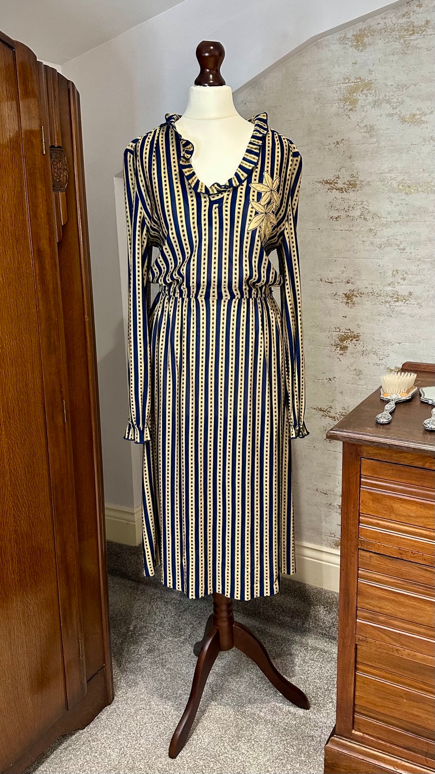 Vintage Shurette Navy and Cream Stripe Midi Dress — front