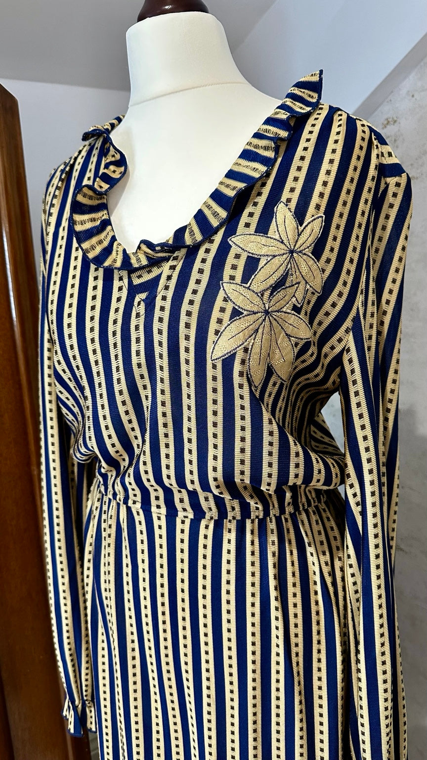Vintage Shurette Navy and Cream Stripe Midi Dress — neckline
