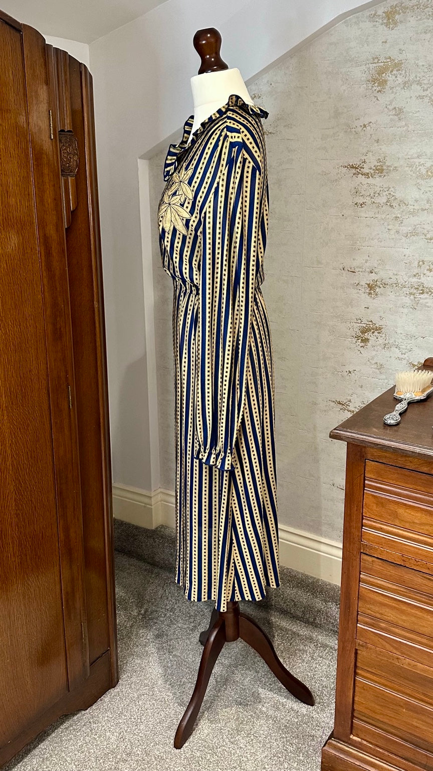 Vintage Shurette Navy and Cream Stripe Midi Dress — other side