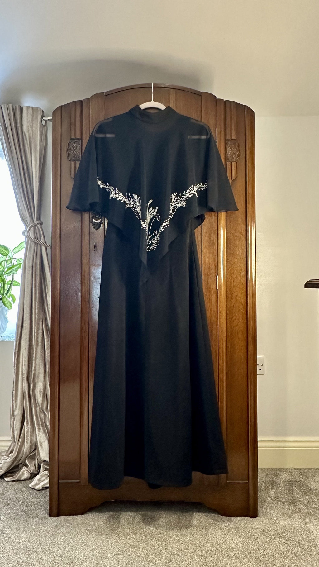 1970s Black Maxi Dress with Sheer Embroidered Cape — IMG_4621.jpeg