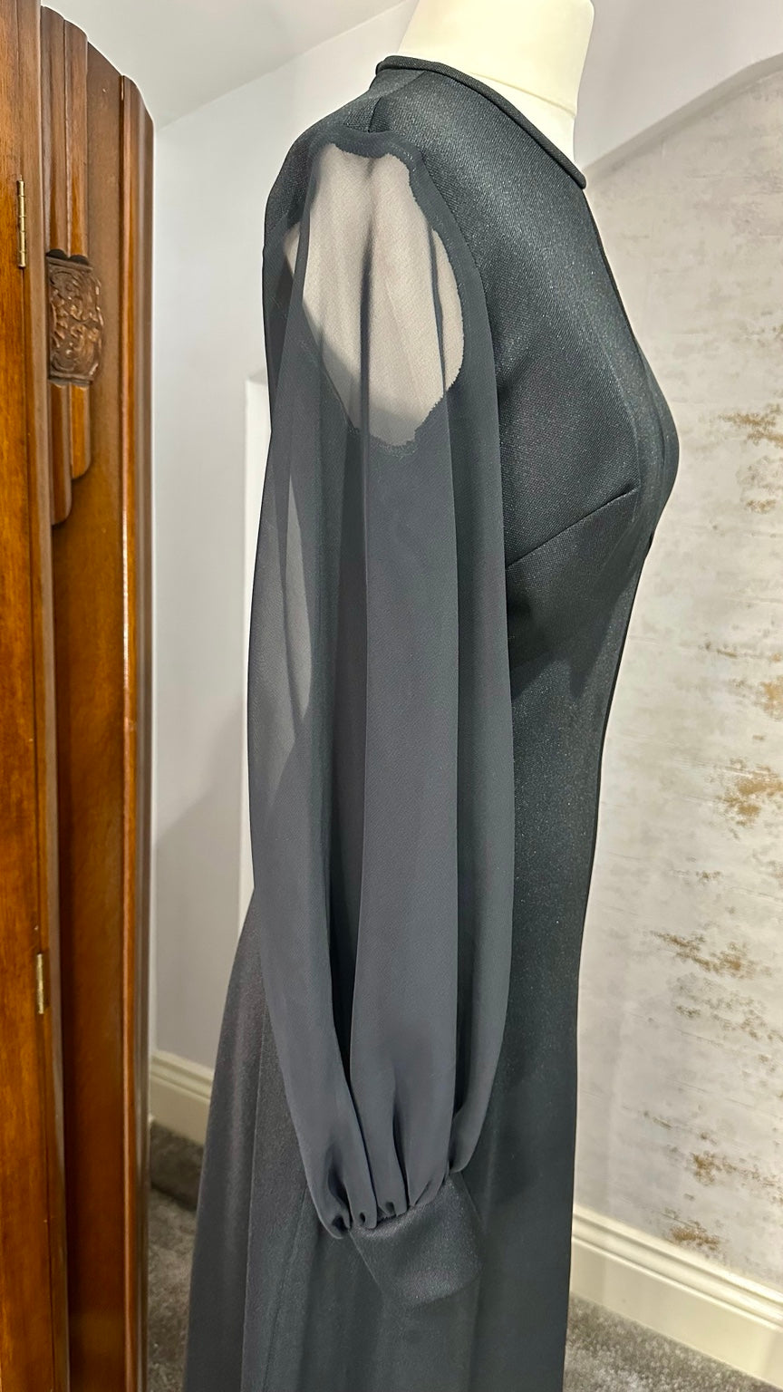 B56 black maxi dress — sheer sleeve and cuff detail