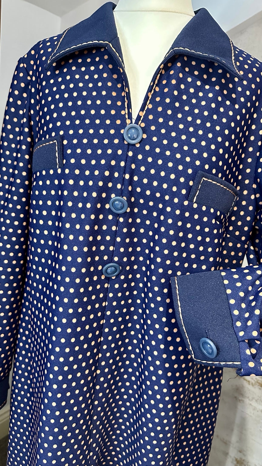 Vintage Dolfen Navy Polka Dot Midi Dress — bodice and cuff
