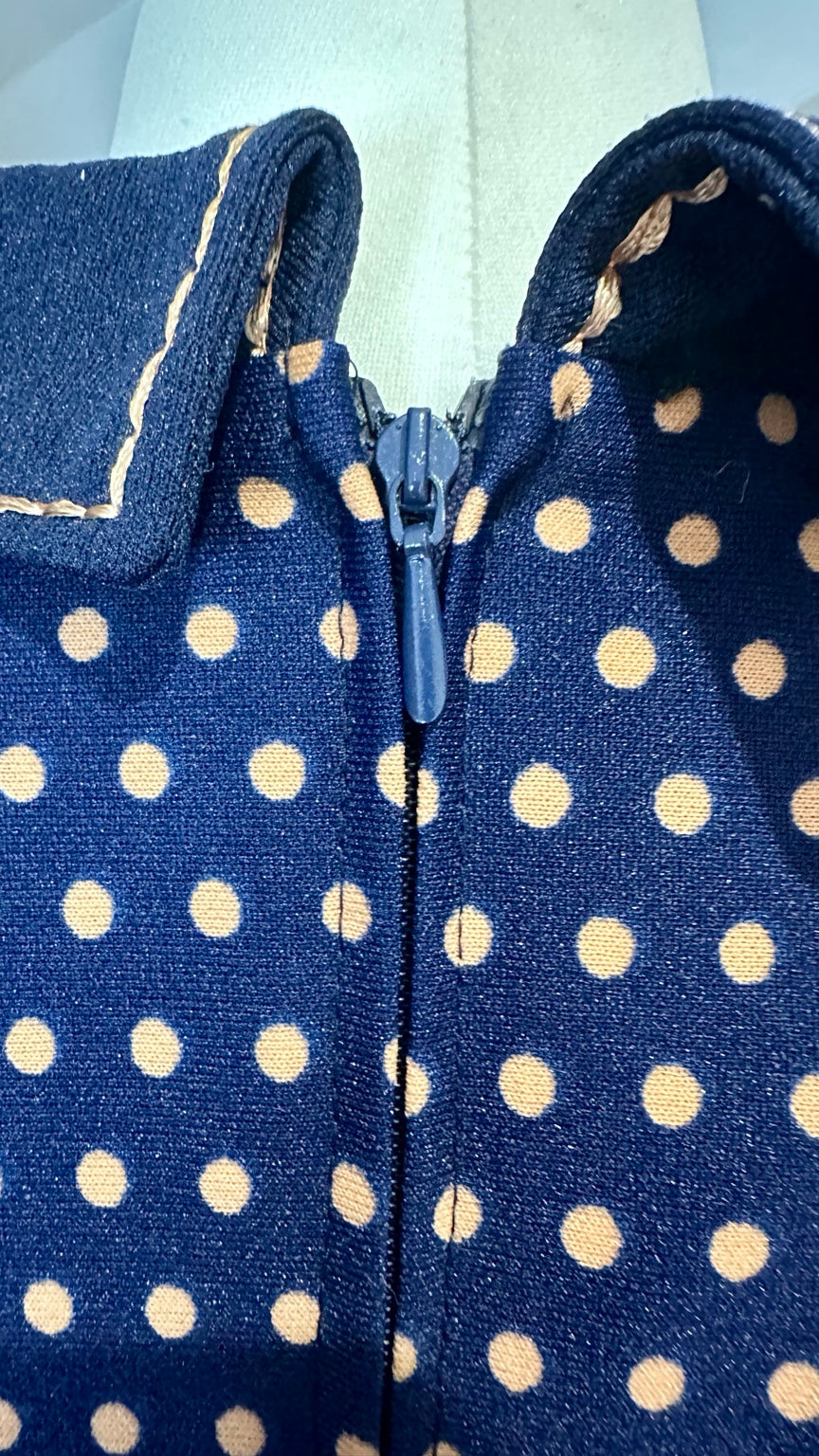 Vintage Dolfen Navy Polka Dot Midi Dress — zip