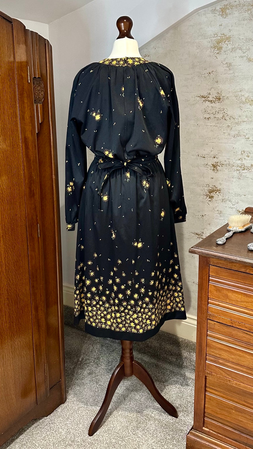 1980s von Gässler Black Floral Midi Dress — back