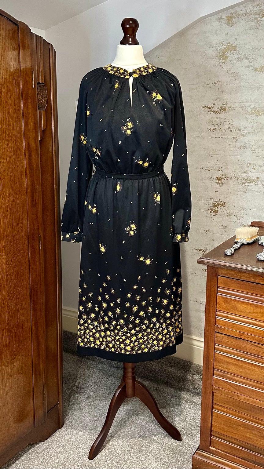1980s von Gässler Black Floral Midi Dress — front