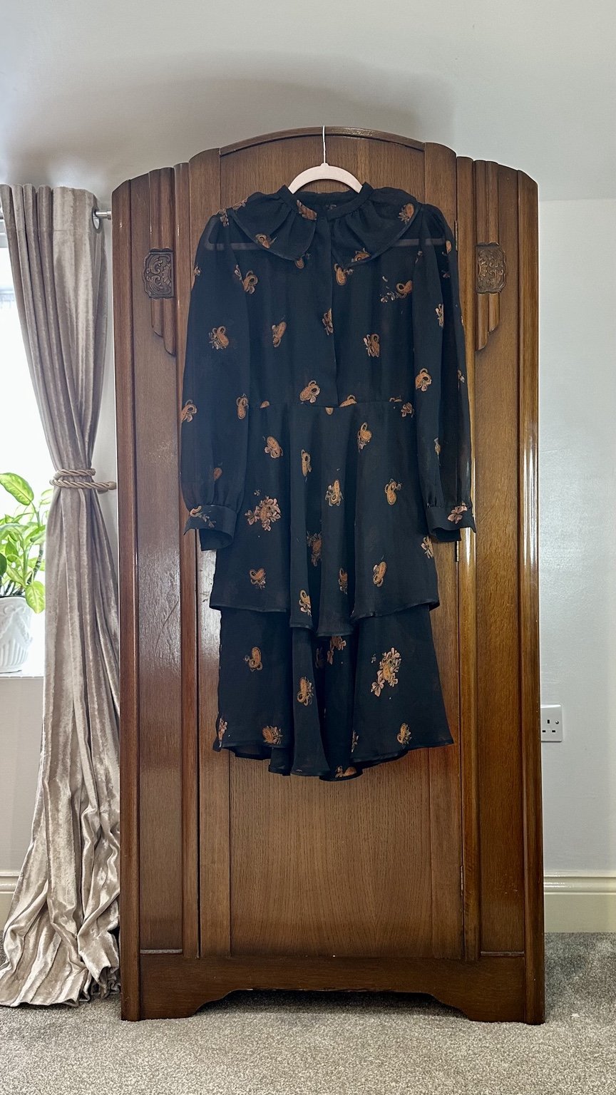 1970s Black Floral Dress with Ruffle Collar — IMG_5007.jpeg