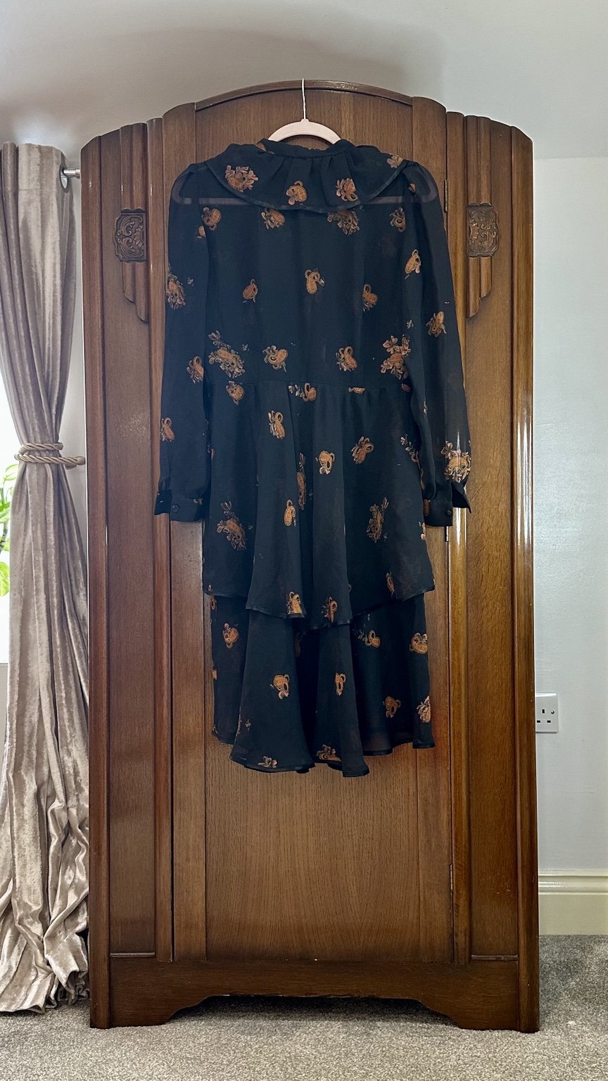 1970s Black Floral Dress with Ruffle Collar — IMG_5008.jpeg