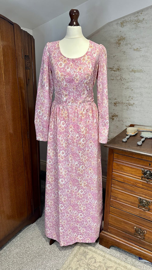 1970s Pink Floral Prairie Maxi Dress with Waist Ties — detail photo 2