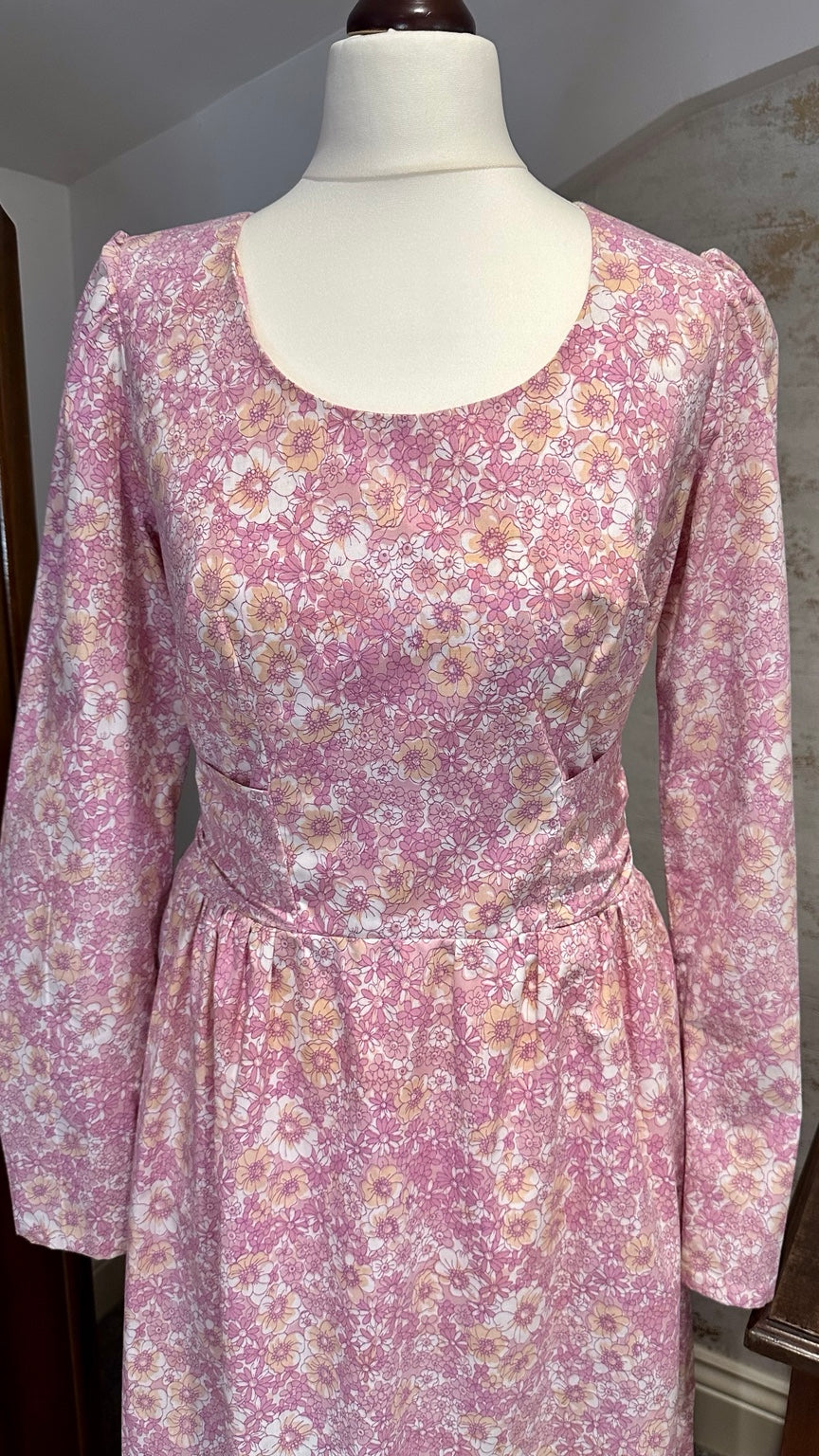 1970s Pink Floral Prairie Maxi Dress with Waist Ties — detail photo 3