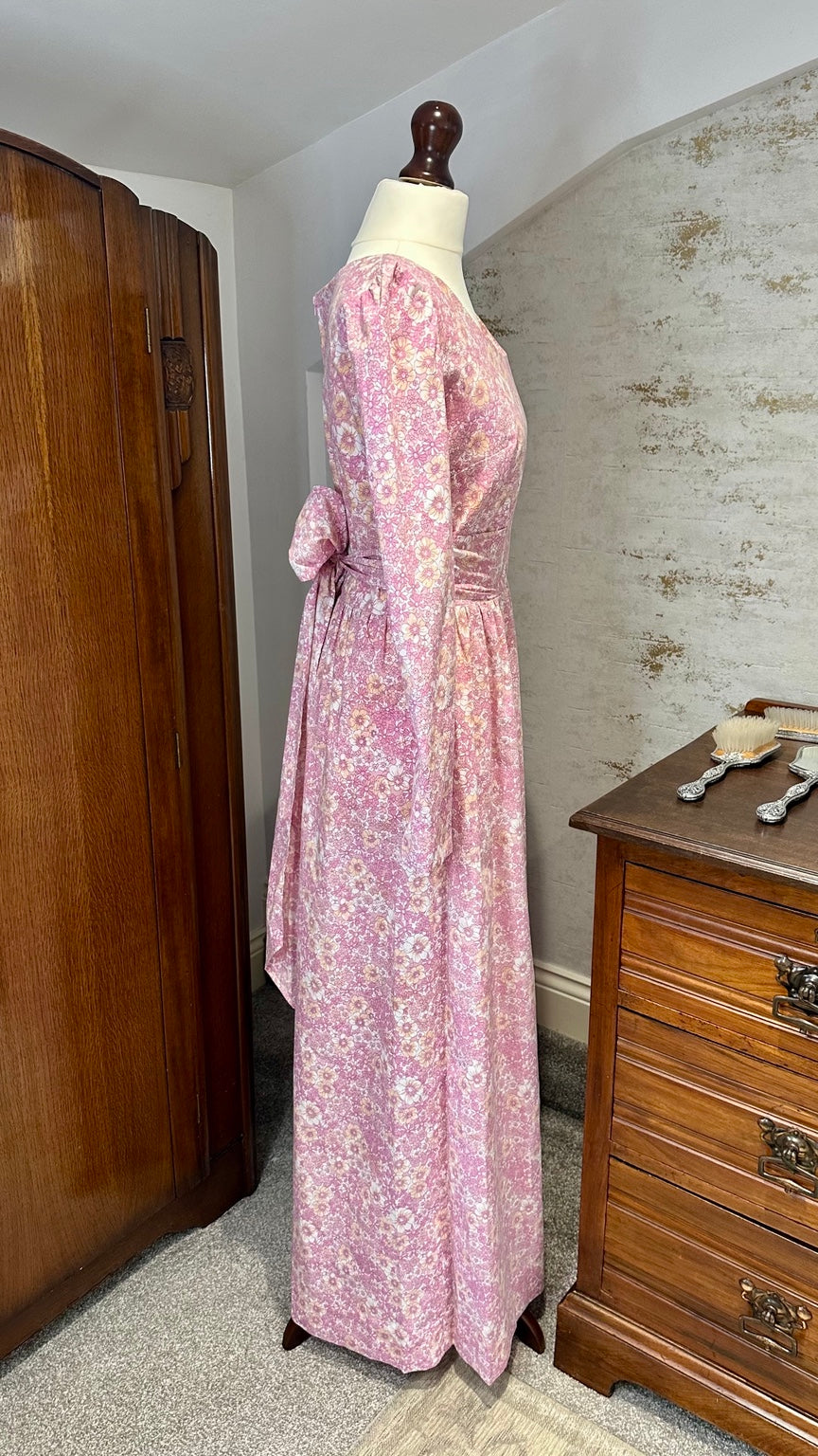 1970s Pink Floral Prairie Maxi Dress with Waist Ties — detail photo 5