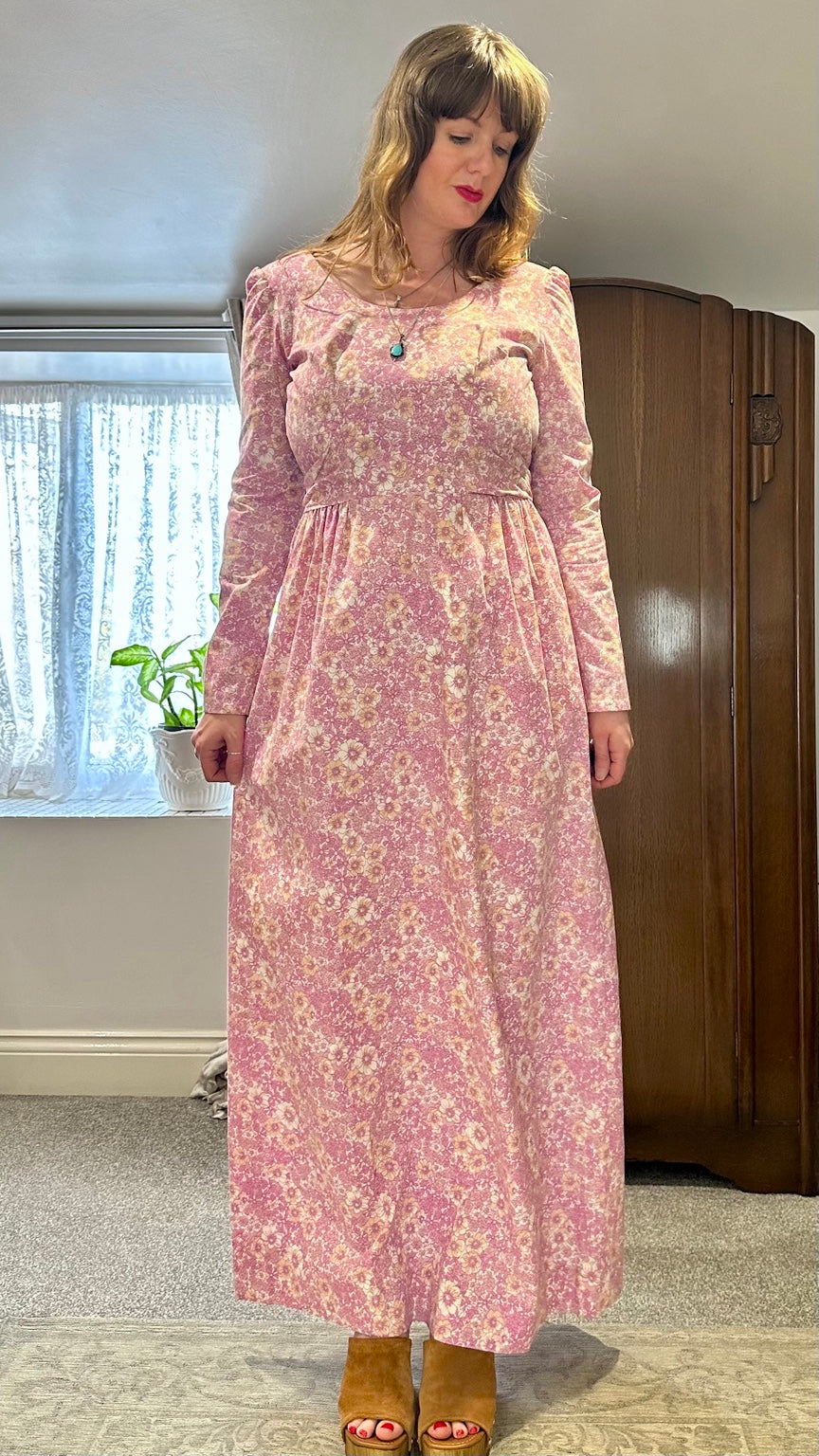 1970s Pink Floral Prairie Maxi Dress with Waist Ties — front or styled view