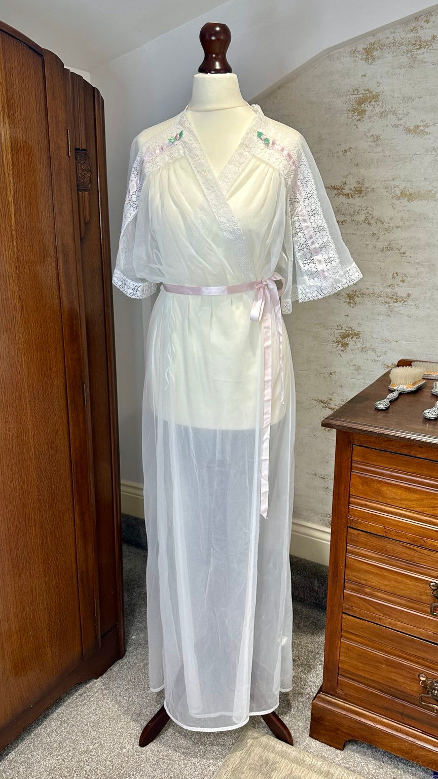 1970s Gilead Sheer White Lace Peignoir Robe — front or styled view