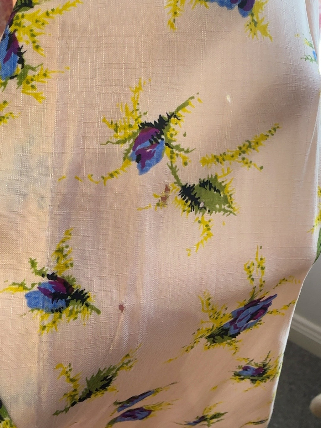 1970s Peach and Blue Rose Floral Crossover Maxi Dress — detail photo 9