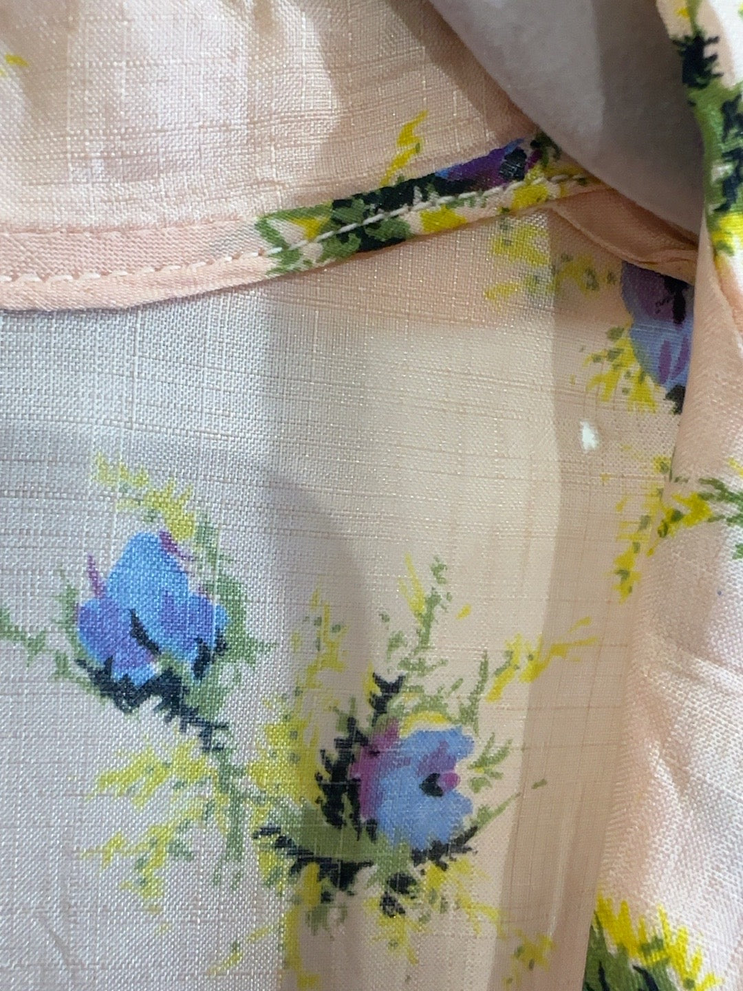 1970s Peach and Blue Rose Floral Crossover Maxi Dress — detail photo 7