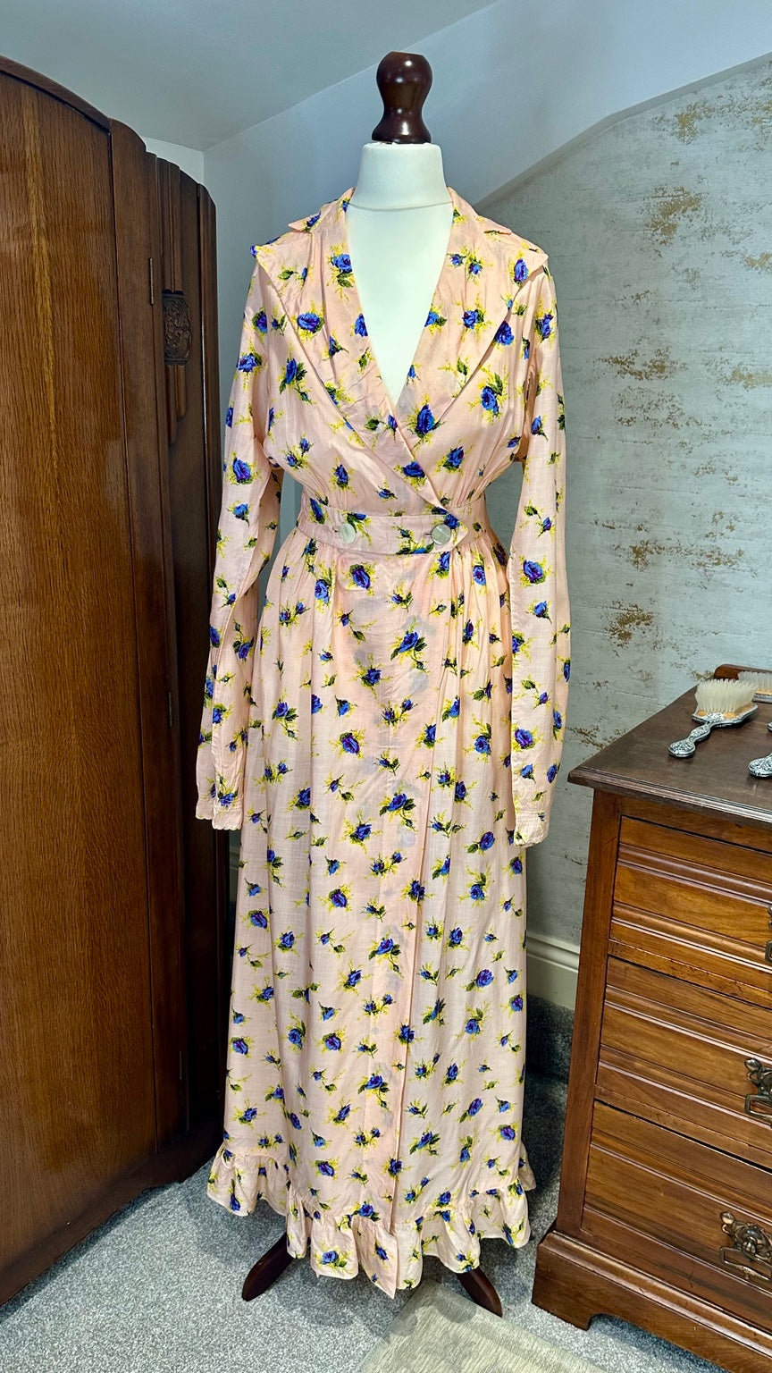 1970s Peach and Blue Rose Floral Crossover Maxi Dress — front or styled view
