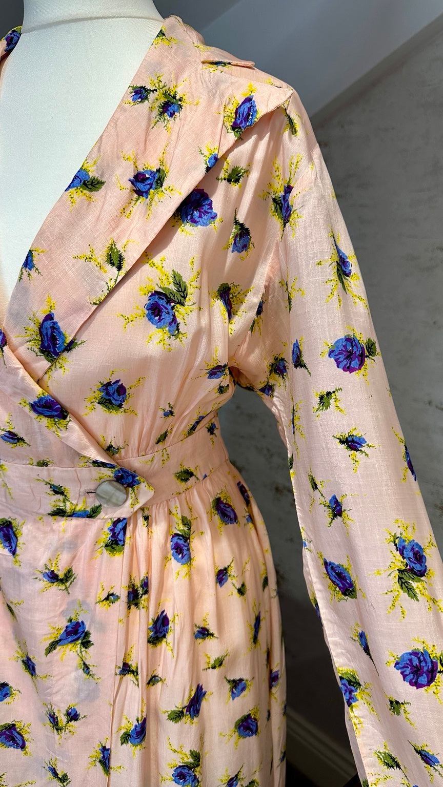 1970s Peach and Blue Rose Floral Crossover Maxi Dress — detail photo 2