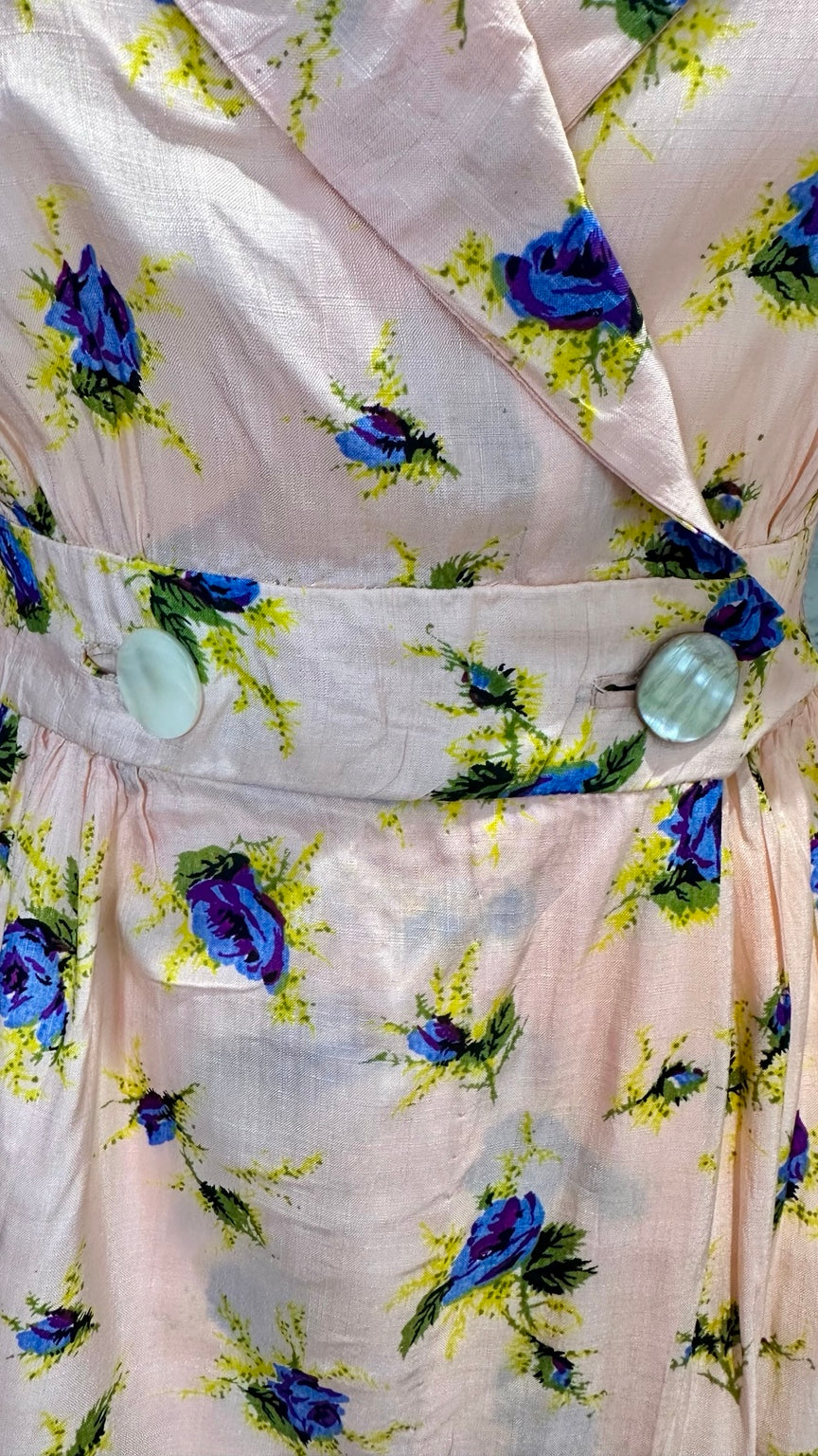 1970s Peach and Blue Rose Floral Crossover Maxi Dress — detail photo 3
