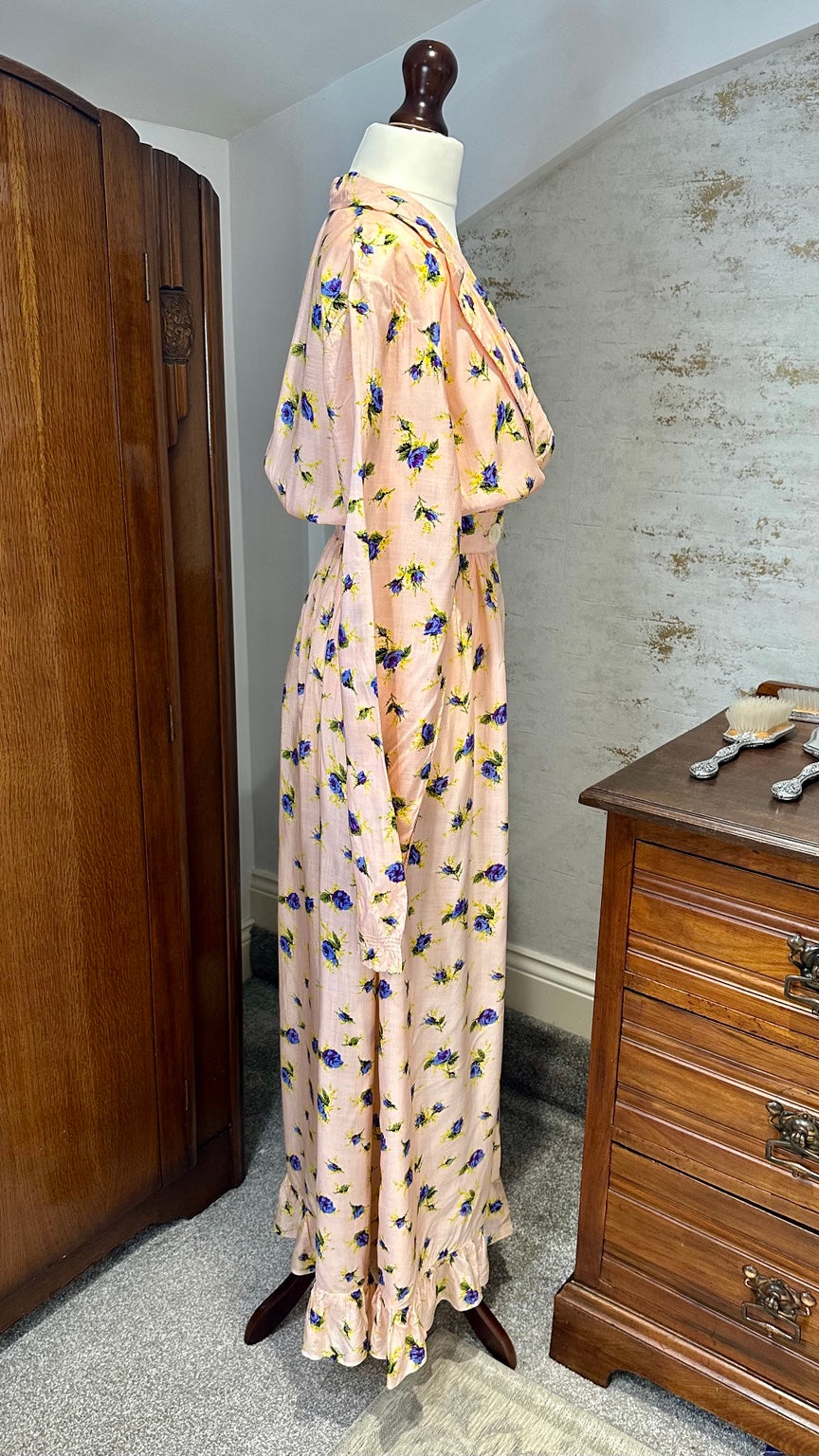 1970s Peach and Blue Rose Floral Crossover Maxi Dress — detail photo 4
