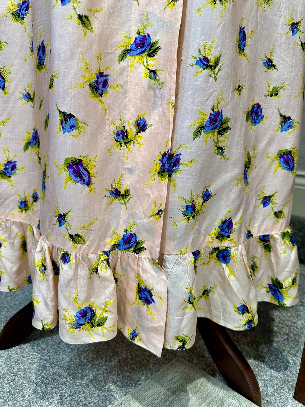 1970s Peach and Blue Rose Floral Crossover Maxi Dress — detail photo 6