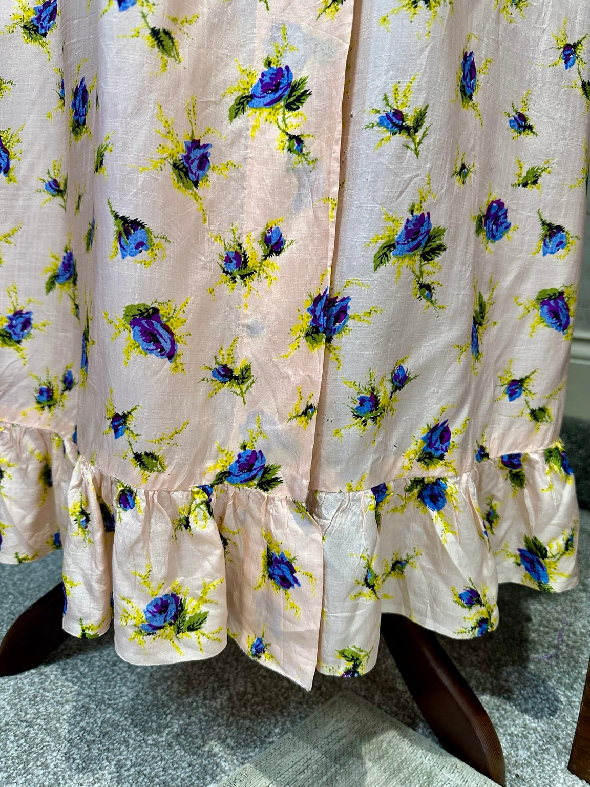 1970s Peach and Blue Rose Floral Crossover Maxi Dress — detail photo 6