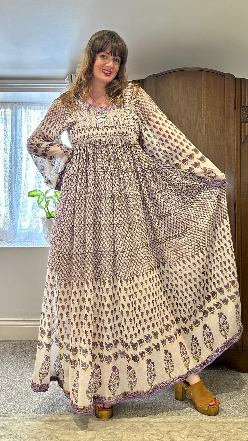 1970s Made in India Purple Floral Wide Sleeve Maxi Dress — front or styled view