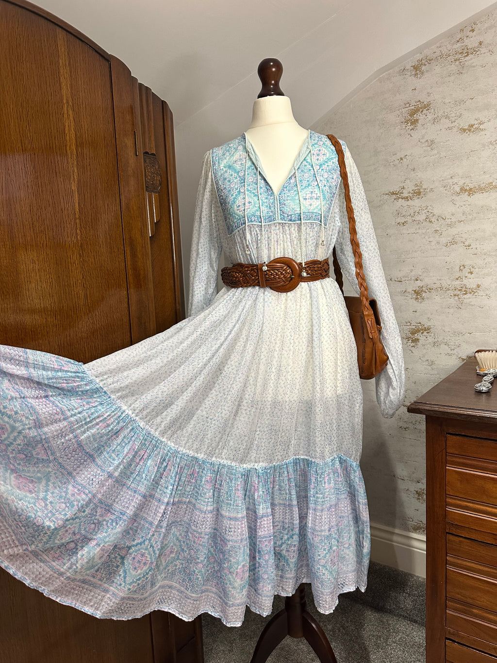 1970s PHOOL Pastel Indian Block Print Cotton Gauze Midi Dress — product photograph