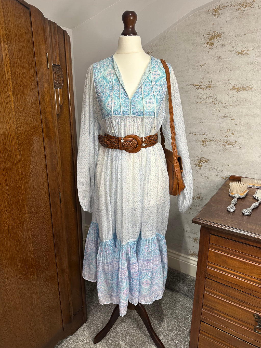 1970s PHOOL Pastel Indian Block Print Cotton Gauze Midi Dress