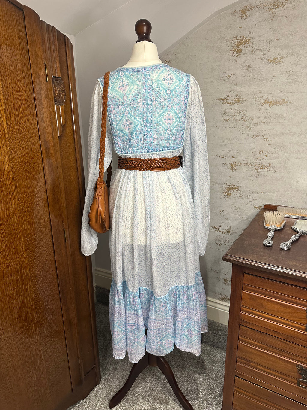 1970s PHOOL Pastel Indian Block Print Cotton Gauze Midi Dress