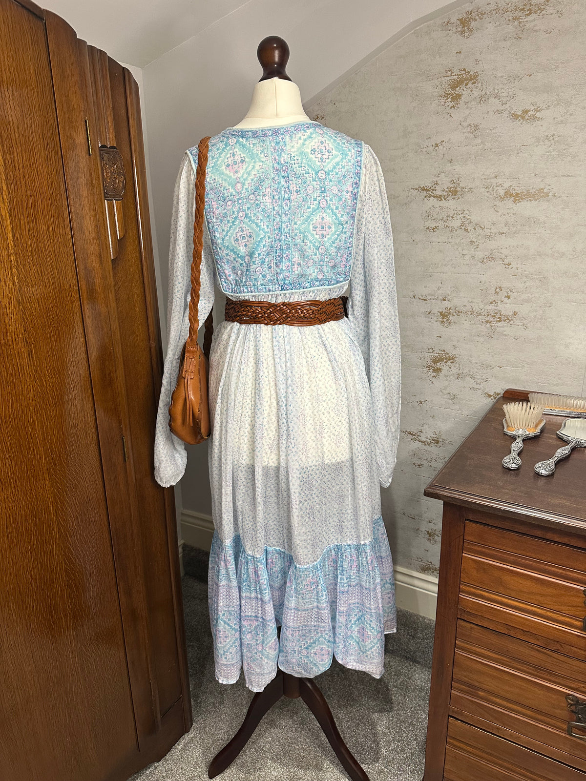 1970s PHOOL Pastel Indian Block Print Cotton Gauze Midi Dress