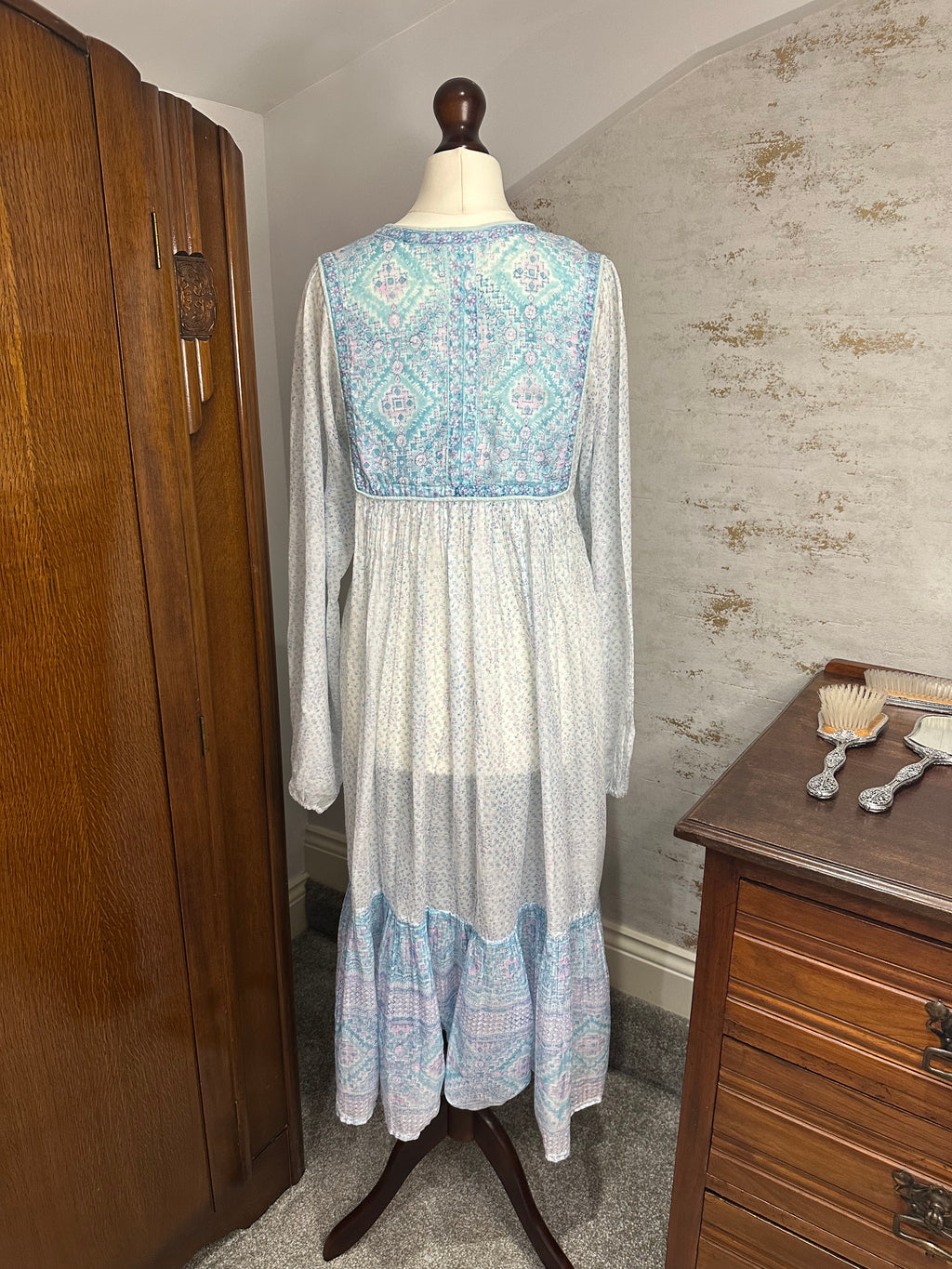 1970s PHOOL Pastel Indian Block Print Cotton Gauze Midi Dress