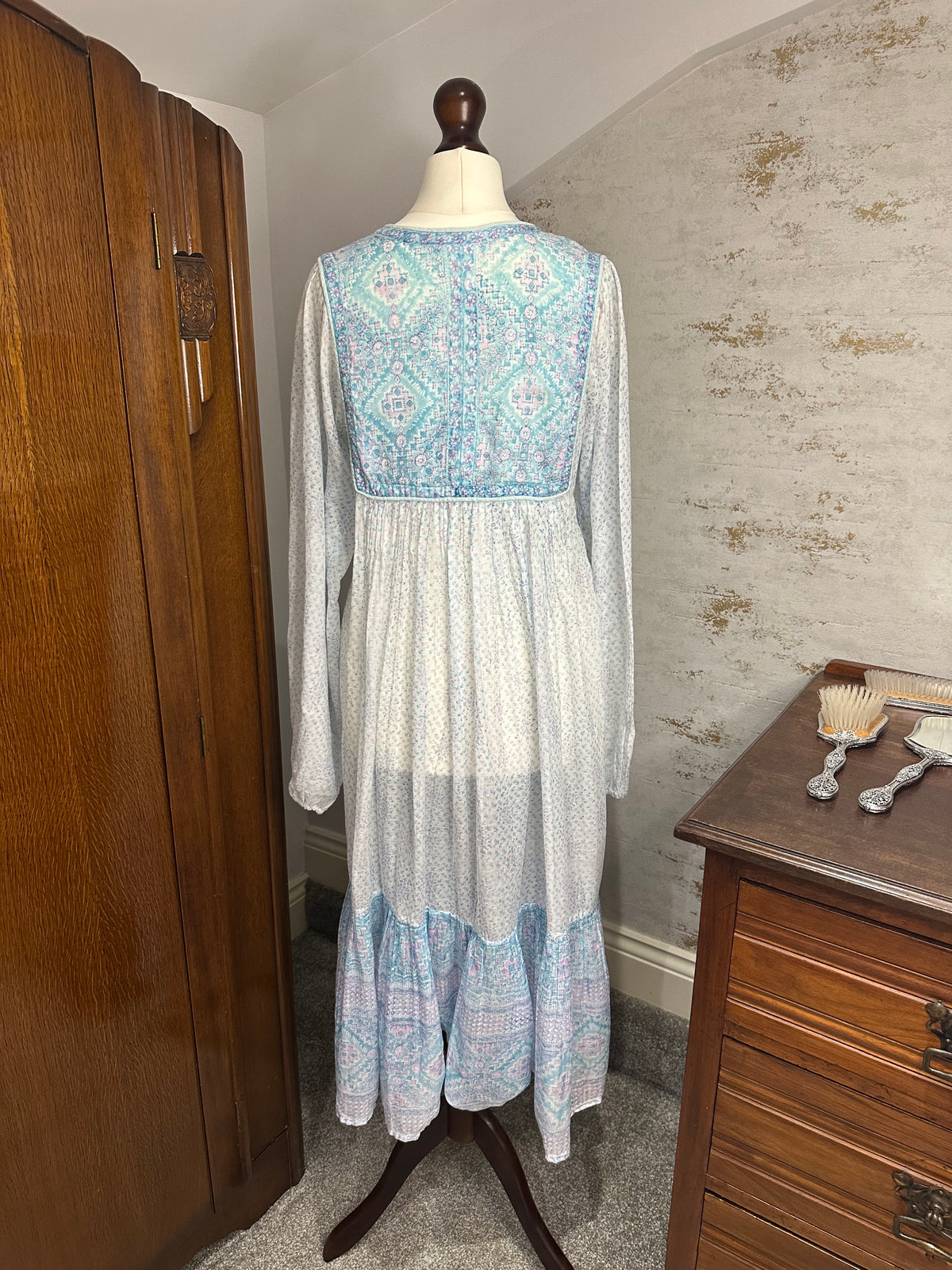 1970s PHOOL Pastel Indian Block Print Cotton Gauze Midi Dress