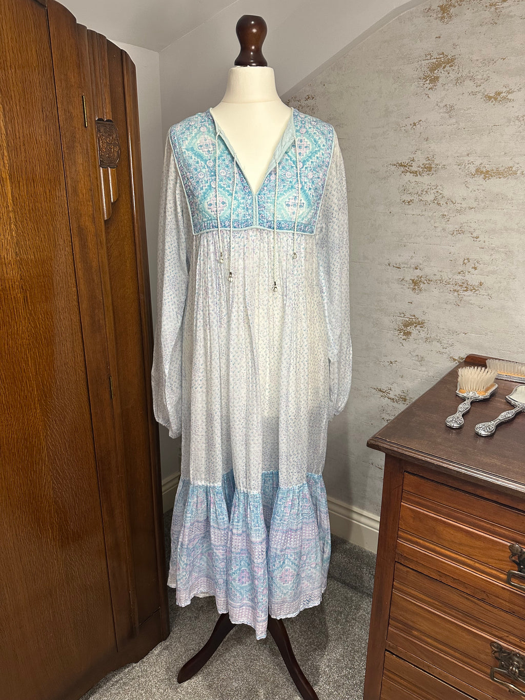 1970s PHOOL Pastel Indian Block Print Cotton Gauze Midi Dress